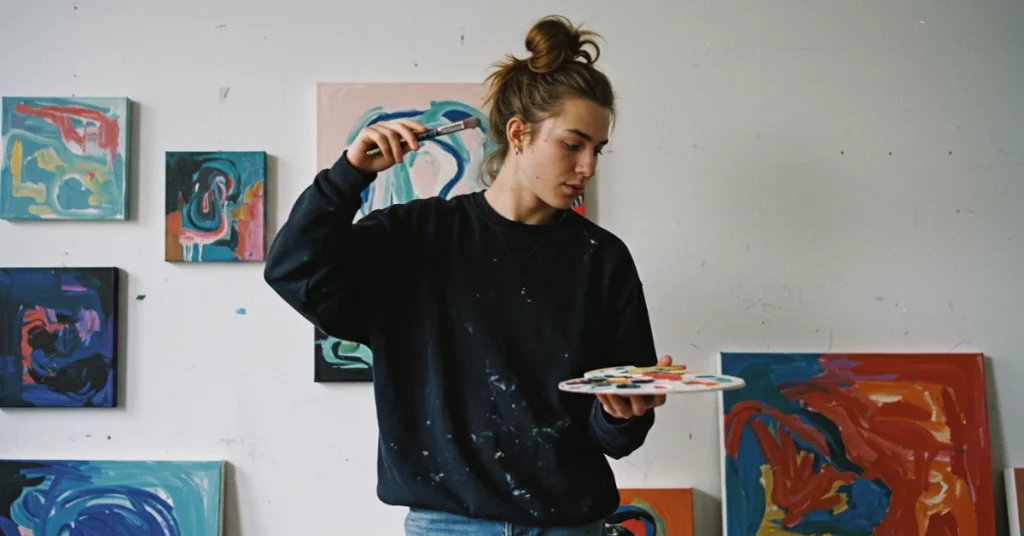 artista inspirando em seu estúdio de arte