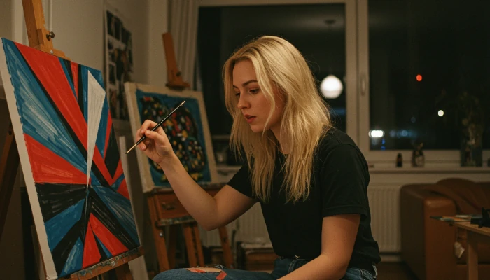 jovem artista pintando quadro em seu apartamento